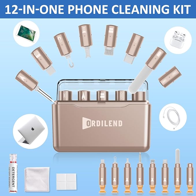 Ordilend for iPhone Cleaning Kit for Charging Port Cleaner, Multi-Tool iPhone Cleaner Repair Lightning Cable, Cell Phone Cleaning Kit for iPad, Connector, Speaker with Storage Case, Desert Titanium