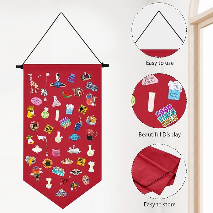Kunyeah Wall Hanging Brooch Organizer Storage Case Colorful Canvas Pin Board Stand Enamel Pin Badge Hanging Holder Display Banner Earrings Collection Holder - Pins No Included (Red)