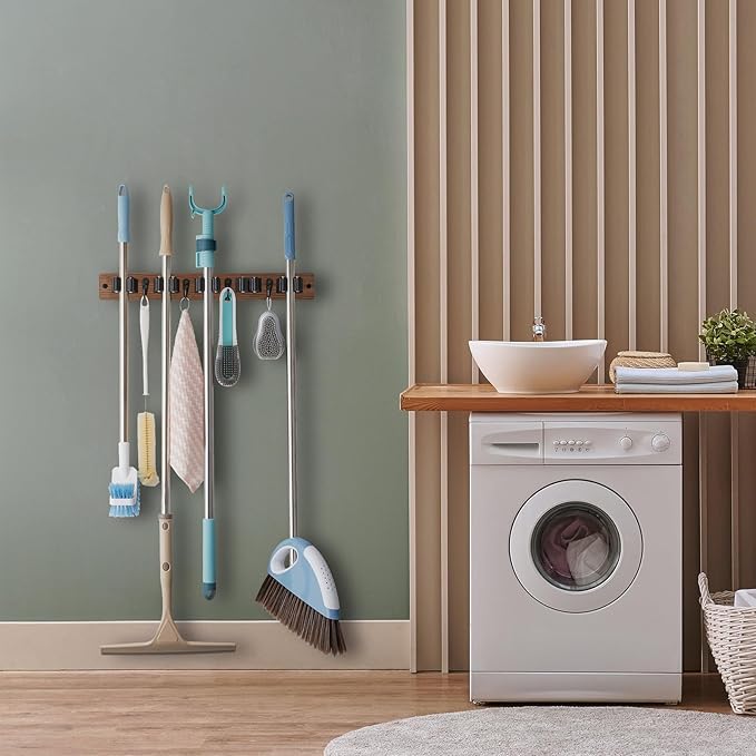 Mop and Broom Holder Wall Mount - Wood Broom Mop Hanger - Wall Mounted Garden Tool Rack Organizer for Closet Garage Laundry Room for Rustic Kitchen Decor With 5 Slots & 4 Hooks