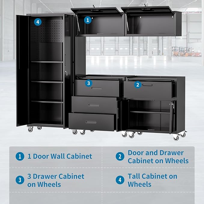 5 PCS Garage Storage Cabinets System Heavy Duty Workshop Set with Drawers Locking Rolling Cart with Adjustable Shelves Garage Tool Workbench Cabinets (5 PCS-2,Black)