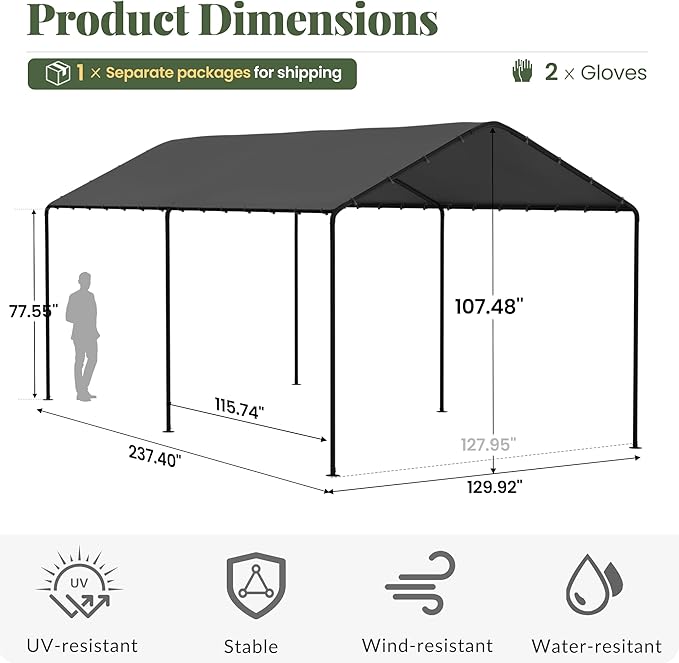 Carport, 10‘ x 20’ Heavy Duty Portable Garage All-Season Car Canopy, Outdoor Garage Boat Shelter Carport Canopy Party Tent w/Water-Resistant Tarp for Backyard (Grey, 10' x 20' /no Side)