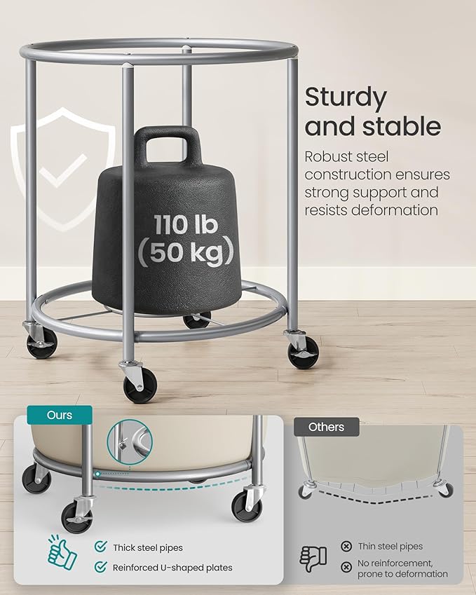 SONGMICS 50.2-Gallon (190 L) Laundry Basket with Wheels, Rolling Round Heavy-Duty Laundry Hamper Cart with Steel Frame and Removable Bag, 2 Locking Wheels, Dove Gray and Cream White URLS001GD02