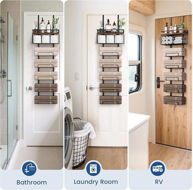 Towel Racks for Bathroom Over The Door Towel Racks Towel Storage Organizer with Metal Shelf Basket for Bathroom Rv Camper (7-Tier Black with Brown Plank)