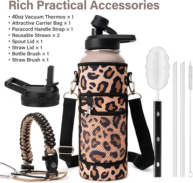 Insulated Water Bottle | Thickened Stainless Steel Vacuum Metal | Portable Sports Water Jug for Gym and Hiking with Straw, Carrier Bag, Handle Strap | BPA-Free 40 oz