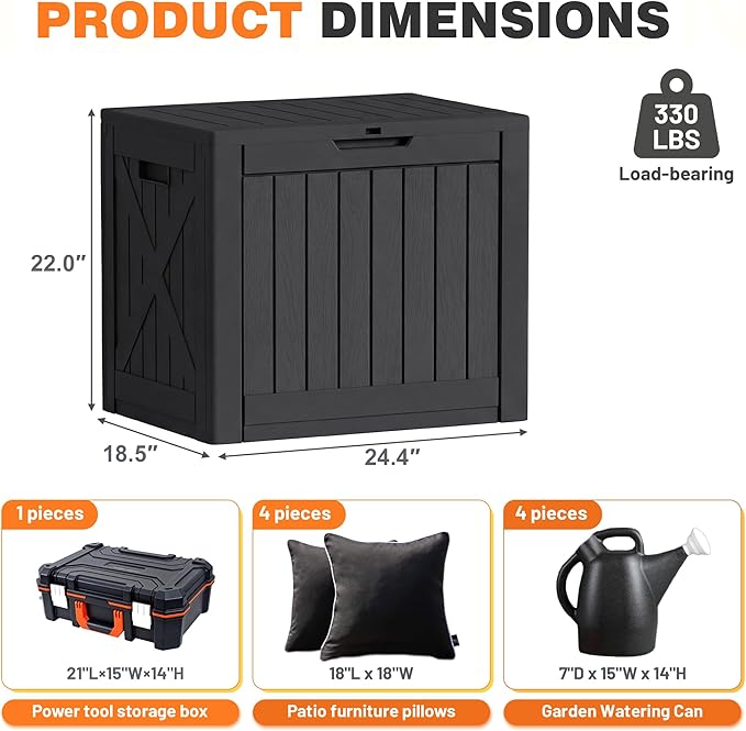 42 Gallon Outdoor Storage Box, Lockable Resin Deck Box for Patio, Yard, and Poolside, Waterproof & Sunproof Organizer for Furniture, Tools, Pool Supplies, Black