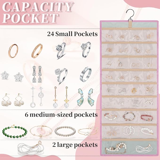 GMAK Hanging Jewelry Organizer with Hanger Metal Hooks, Double-Sided Jewelry Holder Accessories Organizer Storage Roll for Jewelry, Earrings, Bracelets, Necklaces, Rings - Pink