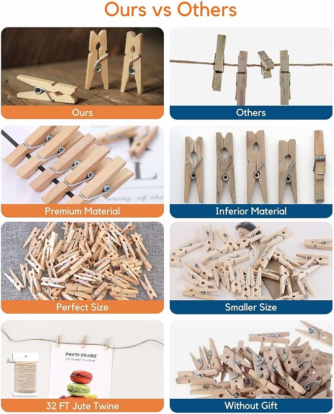 Mini Clothes Pins for Photo, Natural Small Wooden Clothespins 1 Inch Tiny Wood Decorative Clips Bulk, 33FT Jute Twine and Clothespins for Crafts Photos Pictures Baby Shower Game Classroom, 200 PCS
