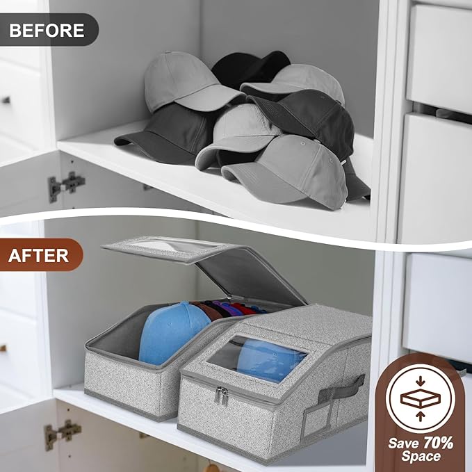‌Portable Hat Storage Box Organizer | Large Capacity Foldable Cap Holder with Clear Window | Space-Saving Closet Accessory for Baseball Caps, Beanies & Sun Hats‌ (4 Pack)
