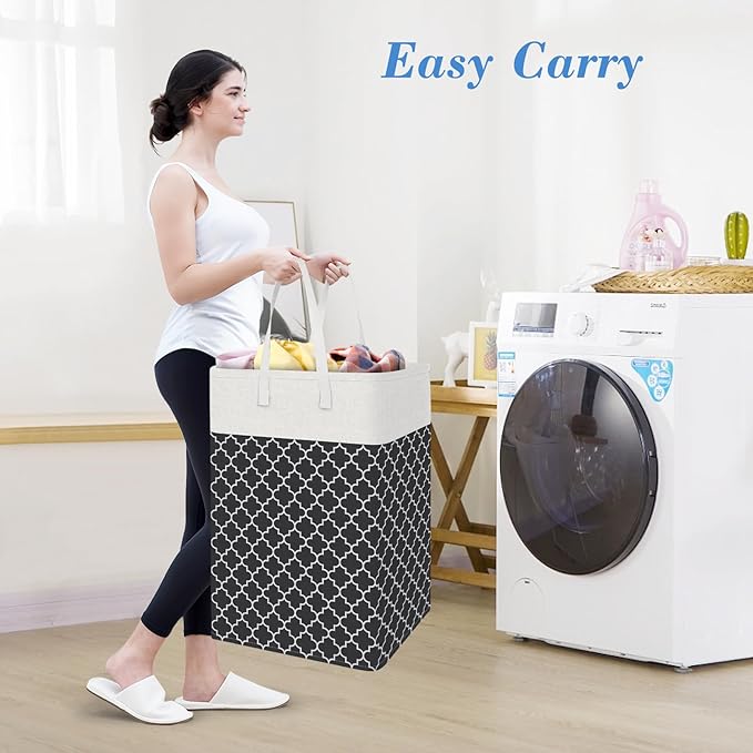 BlissTotes 3-Pack Laundry Basket, Freestanding＆Waterproof Laundry Hamper, Collapsible Tall Clothes Hamper with Easy Carry Handles for Clothes, Towels in the Family and Dorm,Clover Black,100L