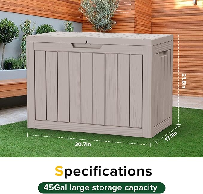 45 Gallon Outdoor Deck Box, Lockable Waterproof Outdoor Storage Boxes For Garden Tools,Indoor Cushions,Accessories Outside Storage Resin Weatherproof Container(Grey)