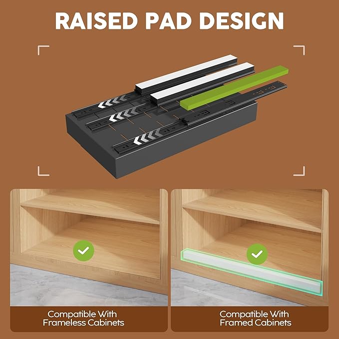 2 Pack Expandable Pull Out Cabinet Organizer 21" Deep with Raising Pad for Framed Cabinets,Upgrade 3 Slide Rails Slide Out Drawers,Roll Out Shelves Adhesive,Adjustable Width 9"-14.1" Black