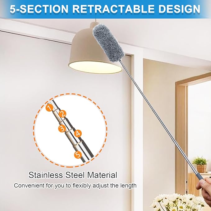 4 Pack Small Washable Microfiber Feather Duster, 13" to 30" Extendable Pole, Microfiber Head, Cleaning Tool for Office, Car, Computer, Furniture, Sofa (Orange/Blue/Green/Gray)