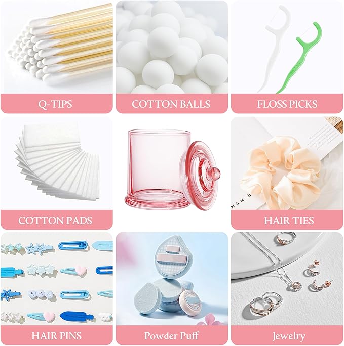 Qtip Holder & Cotton Pad Dispenser, Bathroom Organizer and Storage Canisters, 16oz Glass Apothecary Jars for Kitchen, Restroom - Home Decor Accessories, Room Decor Aesthetic (2 Pack, Pink)
