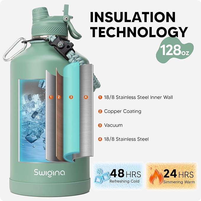 [2-IN-1 LID] Gallon Insulated Water Bottle with Silicone Boot (48hrs Cold/24hrs Hot) - DIY Stickers, Leakproof, BPA Free, 128 oz