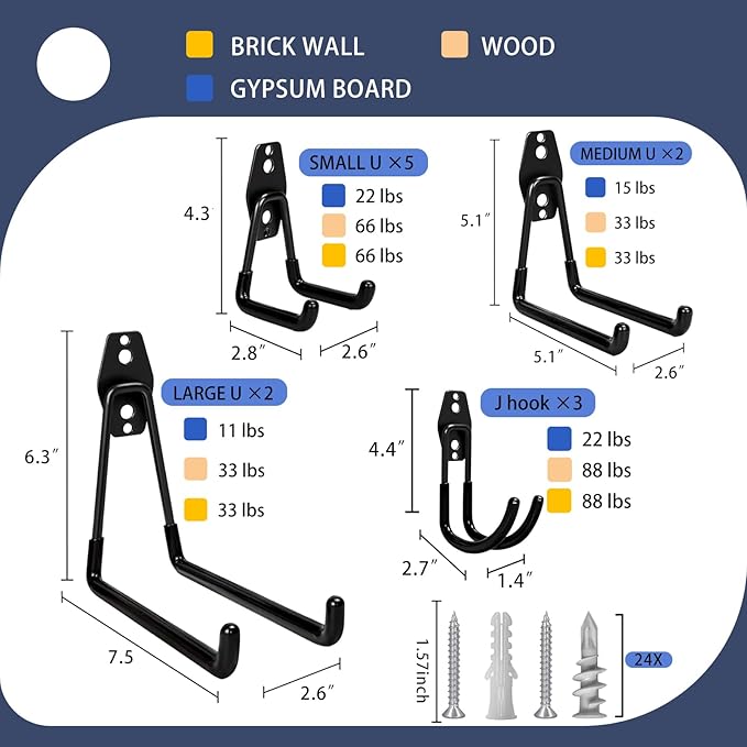 Garage Hooks Heavy Duty, 12 Pack Anti-Slip Coating Garage Wall Storage Hooks for Hanging Bike, Ladder, Garden Tools