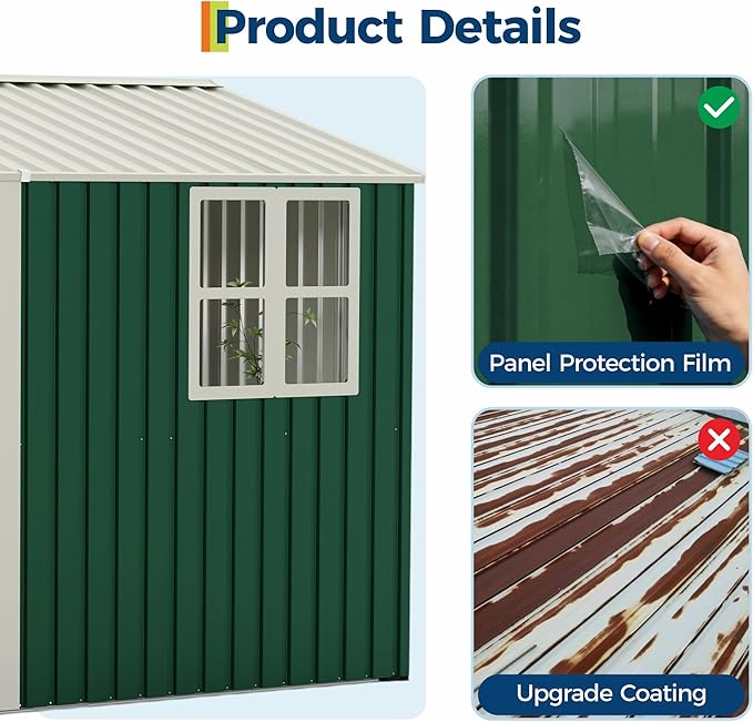 8x10 FT Outdoor Storage Shed,450CU.T Metal Tool Shed with Clear Window, Lockable Doors,Large Garden Storage Box with Sloping Roof，Sheds&Outdoor Storage for Backyard Garden Patio Lawn, Green