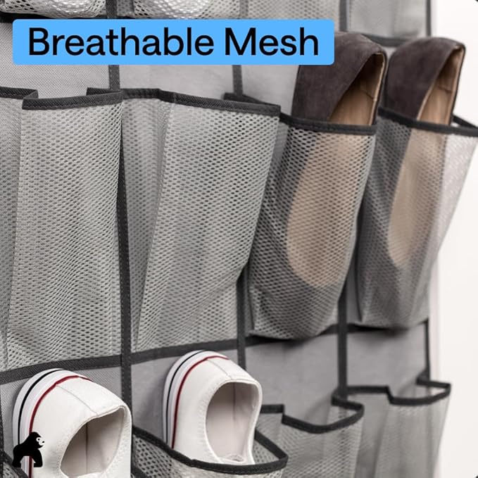 GORILLA GRIP Over the Door Shoe Organizer, 12 Large Breathable Mesh Pockets, Space Saving Hanging Storage Holder, 2 Hook Closet Rack Hanger, Hangs on Closets for Shoes, Accessories, 64H x 9.5W Grey