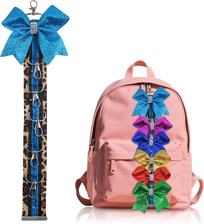 ALIBBON Cheer Bow Holder Glitter Teal Blue Leopard Print Hair Bow Holder Cheer Keychain for Cheerleading Backpack Bag Cheerleader Gifts Sports Cheerleading Bows Storage Hanging Ribbon Chain 5 Clasps