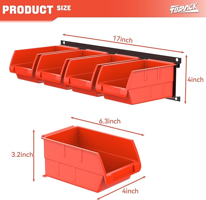 TORACK Wall Mounted Storage Bins, 16 Plastic Bins for Tools Organization in Garage, Craft Room, Shop(4-Pack, Orange-red)