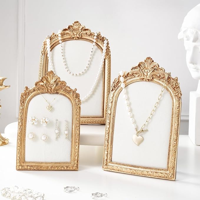 Vintage Frame Jewelry Stand, Gold Resin Photo Frame Earring Necklace Ring Organizer for Woman Engagement Wedding Collectibles (Large)