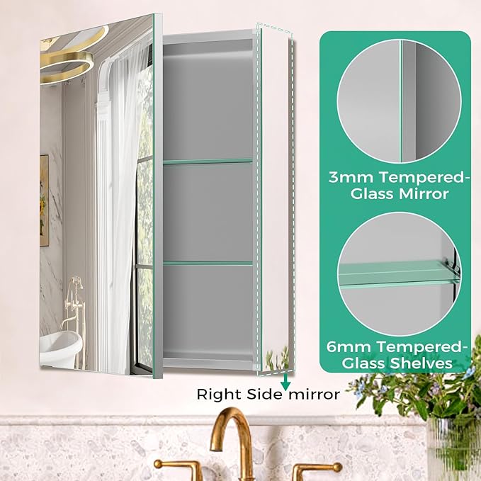 20 x 26 Inch Medicine Cabinet Mirror,Bathroom Mirror Cabinet with Adjustable Shelves,Aluminum Silver Medicine Cabinets for Bathroom,Recessed or Wall Mounted Medicine Cabinets