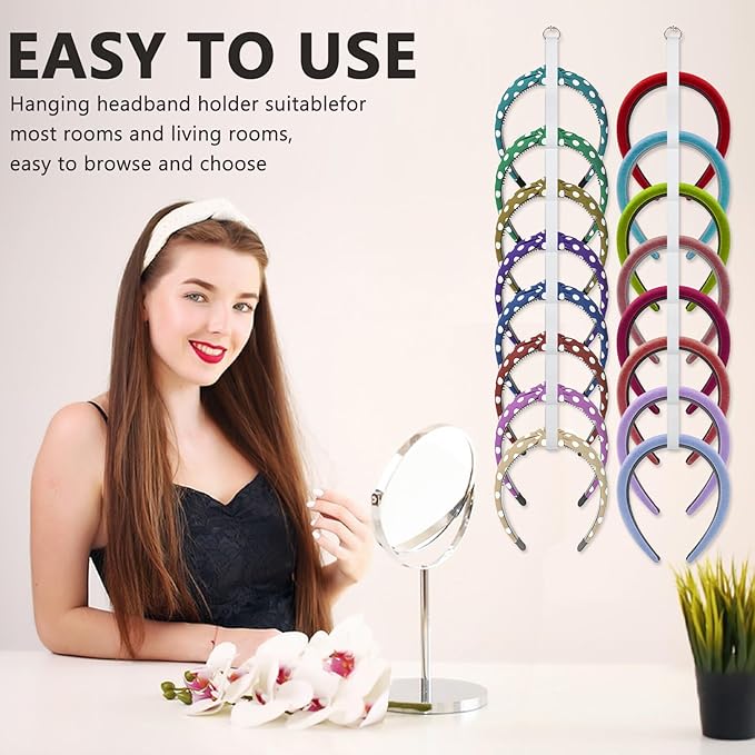 4 Pcs Headband Holder Organizer, White Hanging Wall Mounted Hairband Accessories, Hair Hoop Storage Display with 32 Total Rings for Women Girls, Bedroom Dorm Closet Decor
