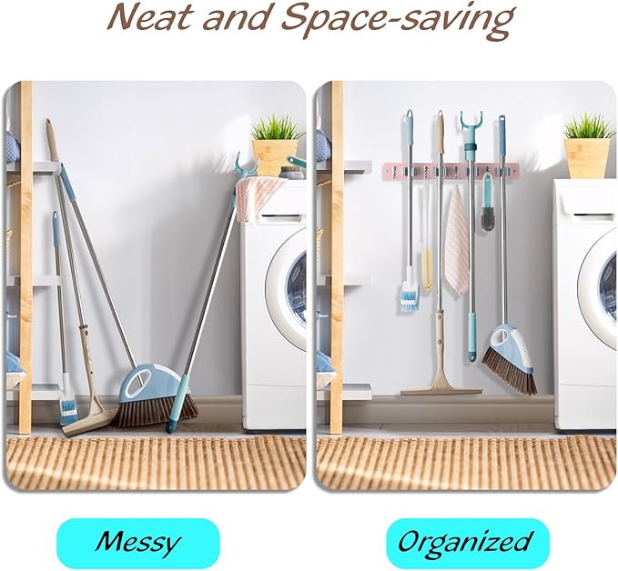 Pink Mop Broom Holder Wall Mount with 4 Slots & 4 Hooks - Wood Broom Mop Hanger for Pantry Closet Laundry Room Kitchen Organization - for Pink Kitchen Decor and Accessories