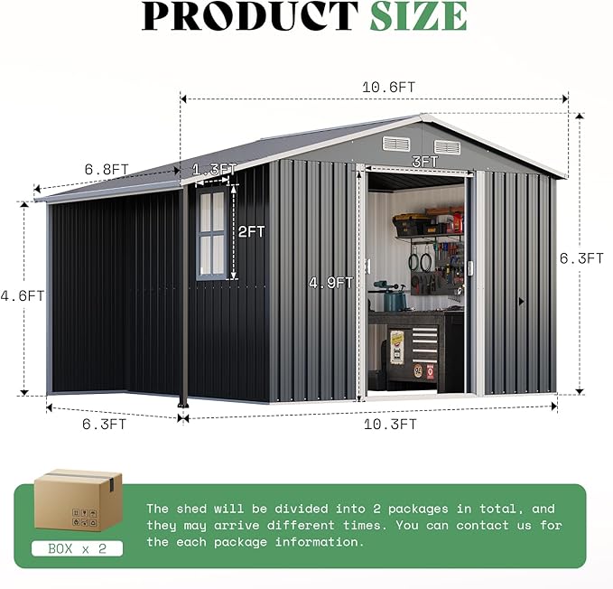 Jocisland 10.6x6.8x6.3 FT Outdoor Storage Shed with Sliding Doors, Two 4-Pane Windows, Open-Air Design Outdoor Shed for Wood Storage, Dark Grey/White
