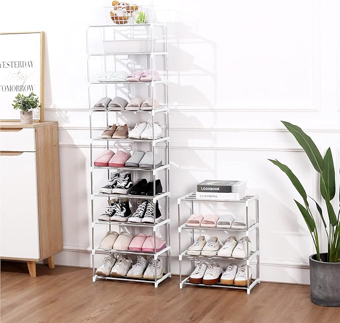 Stackable Small Shoe Rack, Entryway, Hallway and Closet Space Saving Storage and Organization (4-Tier, White)