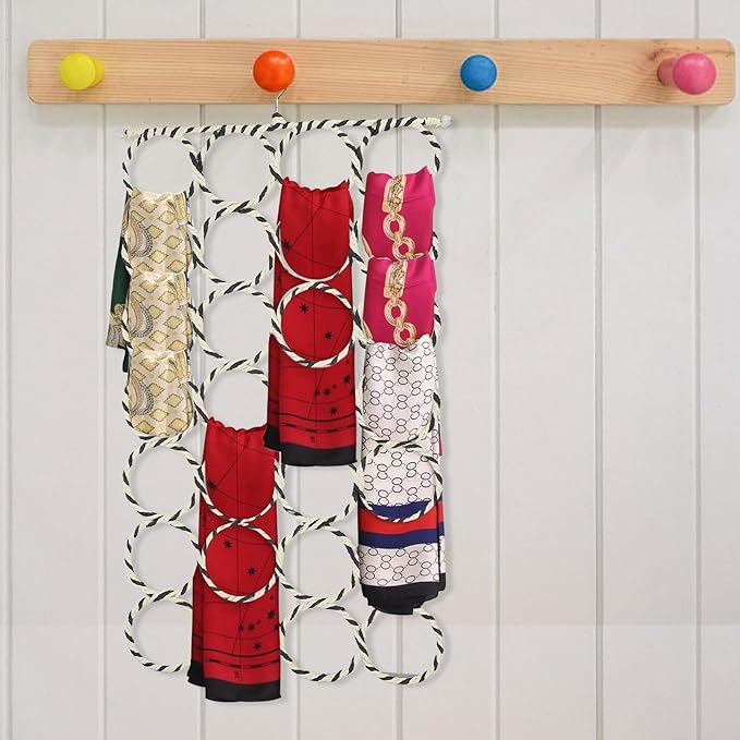 Multi-Loop Scarf Hanger Rack 28 Rings Paper Rattan Iron Scarf Holder Organizer for Closet Tie and Shawl Storage, Space-Saving Clothing Accessory Organizer Random Color