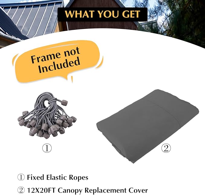12x20 Canopy Replacement Cover, Carport Replacement Top Cover for 12' x 20' Frame, 800D Heavy Duty Waterproof & UV Protected Car Canopy with Ball Bungees (Frame is not Included) (Gray)