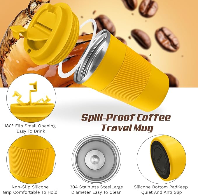 Vacuum-Insulated Stainless Steel Travel Coffee Mug, Leak-Proof Reusable Coffee Cup with Lid-Keeps Drinks Hot & Cold for Hours, Durable Double Wall Tumbler for Men & Women (3rd-Yellow, 17OZ)
