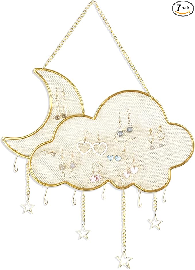 WCHOSOZH Hanging Earring Holder Organizer, Metal Wall Mounted Jewelry Holder with 6PCS Hanging Hooks, Moon Cloud Shape Necklace Display Rack and Storage for Earrings Necklace Bracelet (Gold)