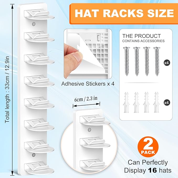 2 Pack Hat Organizer for Baseball Caps, Hat Rack for Wall Hold Up 16 Hats, Strong Adhesive & Screw-in Cap Holder hat hangers for Closet Door & Bedroom (White-2Pcak)