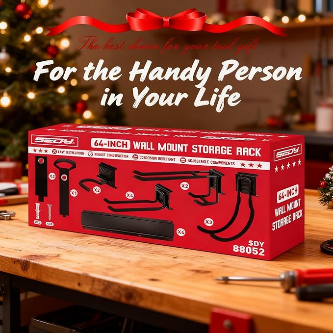 SEDY 64" Heavy Duty Garage Storage Tool Organizer Wall Mount - Tool Rack with Adjustable Hooks, Anti-Rust, 300lbs Capacity - Easy Installation (10 Hooks, 4 Rails, 3 Straps)