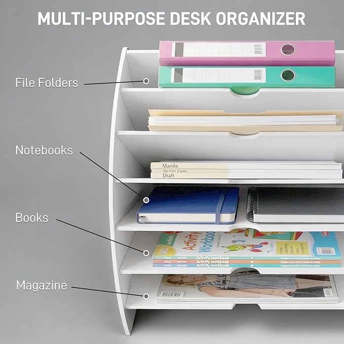 6-Tier File Holder Organizer, Document Clipboard Holder (13.2x11.4x11.0 Inches), Sturdy File Storage Rack for Office, Home & School Binders, Paperwork & Supplies, White