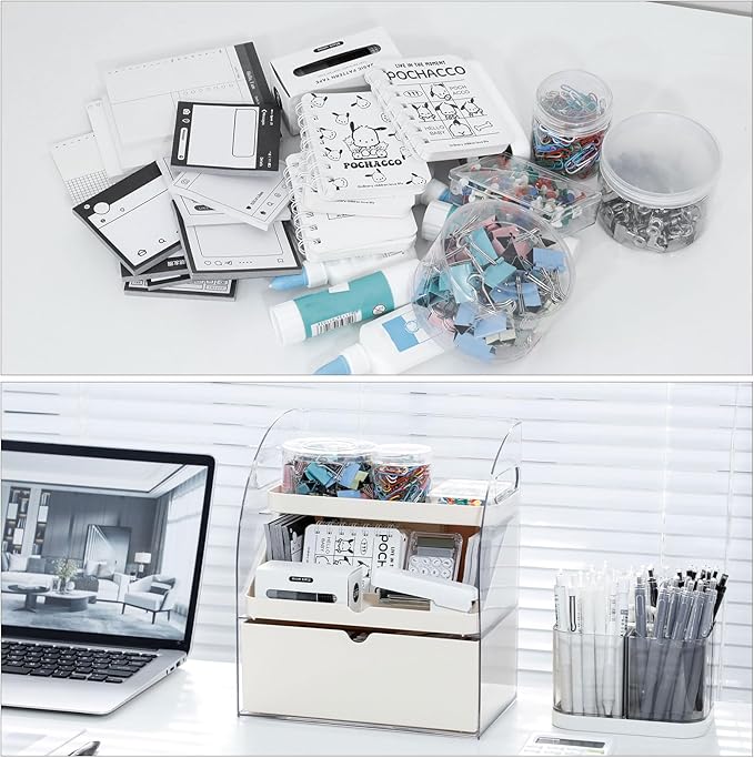 FABROK 3-Layer Desk Organizer with Drawer, Clear Office Supplies and Desk Accessories Organizer with Handle, Desktop Storage for Stationery（Cream）