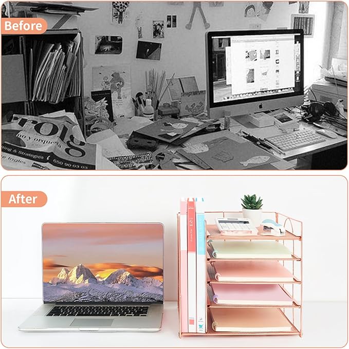Desk Organizers and Accessories, 5-Tier Paper Letter Tray Organizer with File Holder, Desktop Organizer for Office Supplies (Rose Gold)