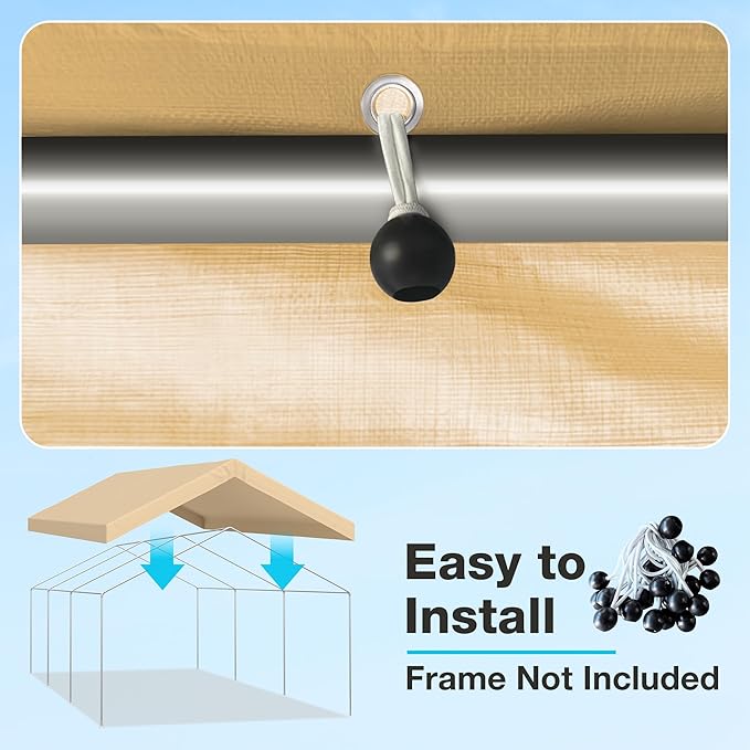 10x20 FT Carport Replacement Canopy Top Upgraded Car Port Canopy Cover for Carport Party Tent Waterproof & UV Protected, Easy Installation with Ball Bungees, Beige (Top Cover Only, Frame Not Included)