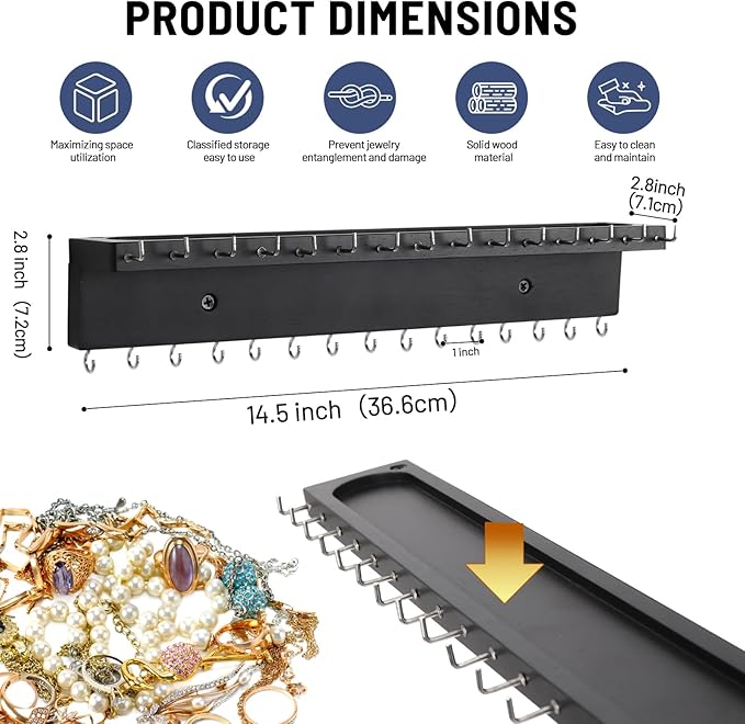 Necklace Holder Organizer Wall Mount,Jewelry Holder Organizer with 30 Hooks,Oak Jewelry Organizer and Storage for Necklaces,Bracelets and Rings (Black)