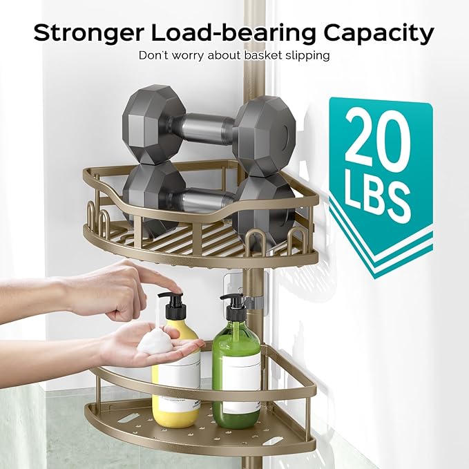 HAMITOR Corner Shower Caddy Tension Pole: Rustproof 4-Tier Bathroom Organizer Shelves for Bathtub Shampoo Storage - 47-121 Inch Quick Install Adjustable Rod Standing Rack with Soap Rack - Matte Gold