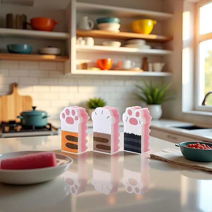 3Pcs Pink Random Style Cat Claw Design Kitchen Cleaning Sponges,Cute Household Cleaning Tool,Claw Design Non-Scratch Dishwashing Scrub Sponge Kitchen Cleaning Tool,Household Supplies
