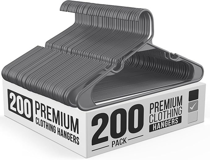 200 Pack Plastic Hanger for Shirt Pants Coats Dresses Skirts Suits Jackets - Standard Thick Coat Hanger - Sturdy & Durable Design with Shoulder Grooves Hook - Grey