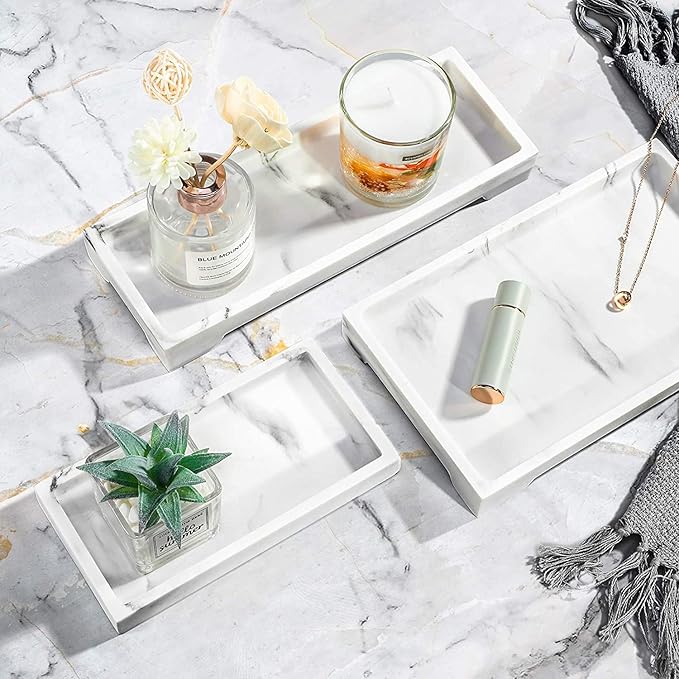 Luxspire Vanity Tray, Bathroom Toilet Tank Storage Tray, Resin Kitchen Sink Trays, Vanity Countertop Organizer for Candles Soap Towel Perfume Holder Decor Jewlery Dish, Marble Style -S- Gravel White
