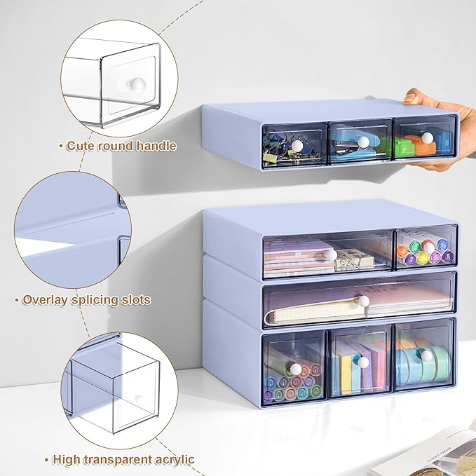 Desk Organizer with 9 Drawers, 4 Tier Plastic Stackable Storage Drawers for Desk Storage, Office Stationary Makeup Organizer Suit for Home, Office and School