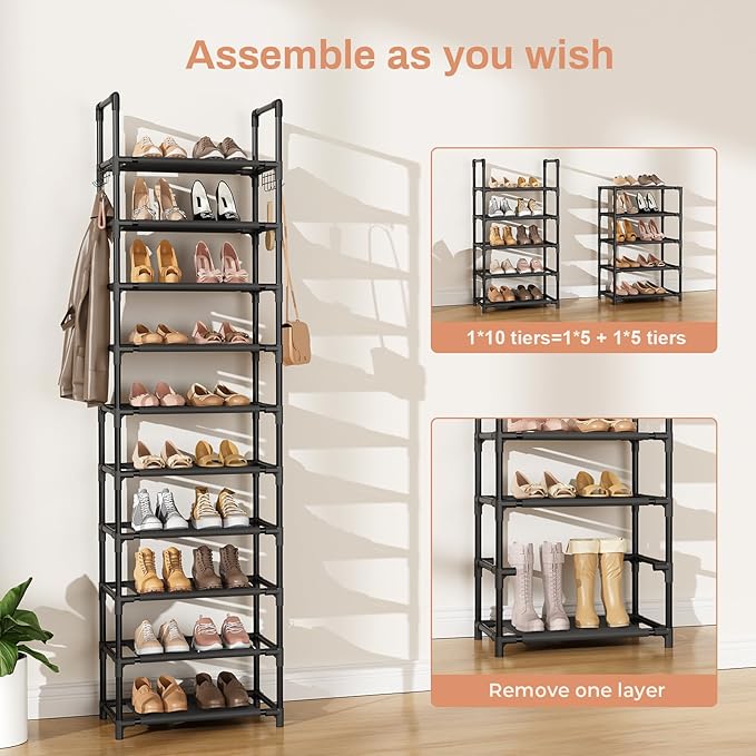 10 Tiers Shoe Rack 25 Pairs Large Capacity Tall Shoe Organizer Sturdy Shoe Storage with Two Hooks Space Saving Metal Narrow Shoe Rack for Closet, Entryway, Bedroom, Black