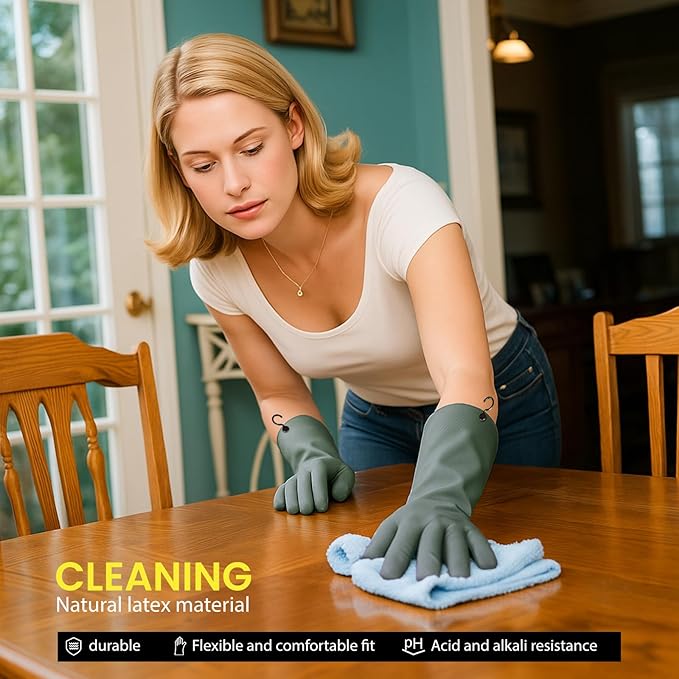 Dishwashing Gloves for Kitchen, 4 Pairs Rubber Cleaning Household Dish Washing Latex Glove with Hanging Hook (Black+Blue+Green+Grey, Small)