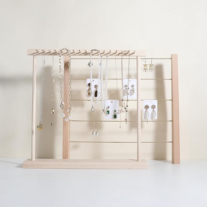 GemeShou Large necklace hanger shelf with 17 copper bars, Wooden jewelry storage organizer rack for hanger necklace bracelet, necklace display stand for boutique store【Marple】