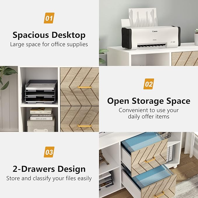 Tribesigns 2 Drawer File Cabinet, Large Mobile Lateral Filing Cabinet for Letter Size, Printer Stand with Storage Shelves and Rolling Wheels for Home Office (White)