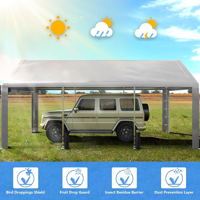 Carport 10x20 FT Enclosed Carport with Roll-up Windows, Portable Garage with Removable Sidewalls & Doors, Car Canopy Tent with Sandbags All-Season Tarp for Car Boat Truck Motorcycle